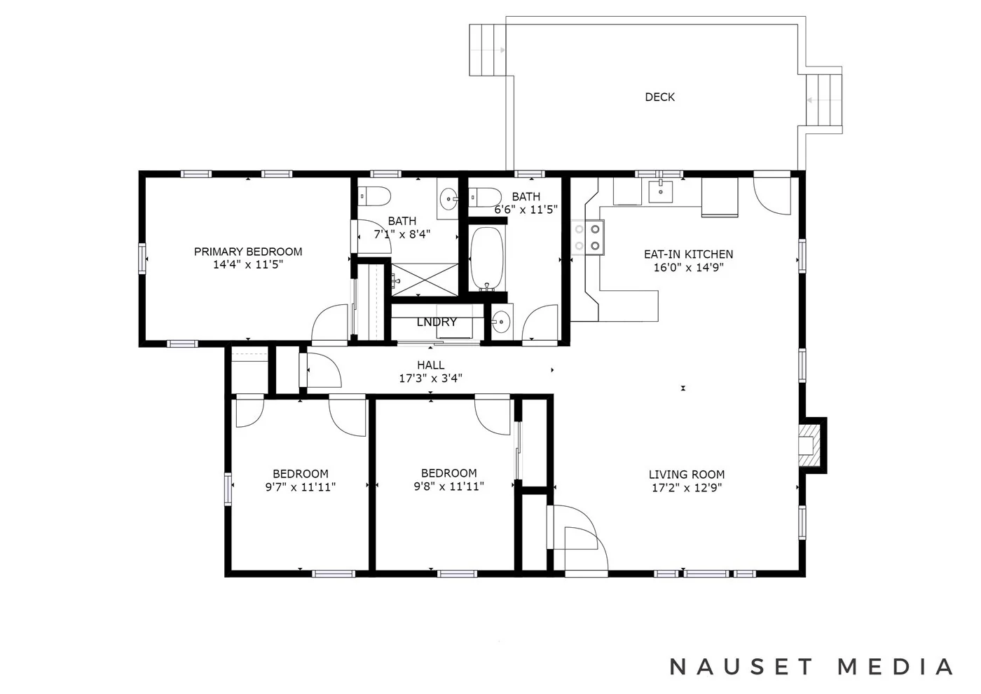 Cherrystone floor plan showing the living area, three bedrooms, two bathrooms, and deck